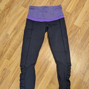 Lululemon Purple Striped Waiste Band Black Ruched Bottom Leggings Size 6